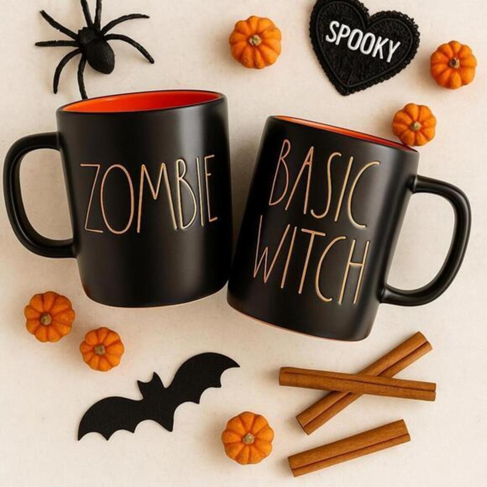 Rae Dunn Halloween Mug Set Zombie Basic Witch Matte Black Orange Interior NEW